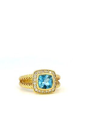 David Yurman 18K Yellow Gold Blue Topaz Diamond Albion Cocktail Ring Size 5.5